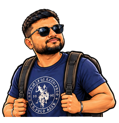 Caricature of Ritesh Kumar Singh in sunglasses with a backpack